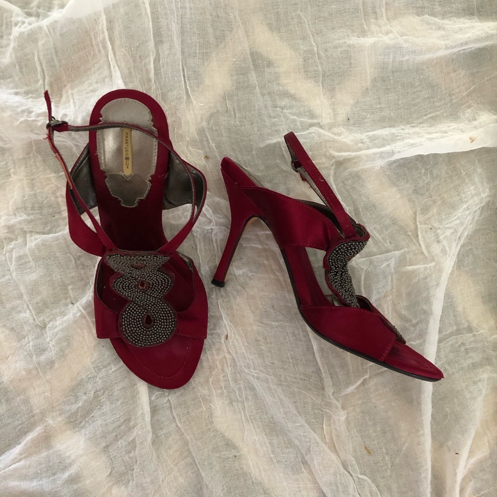Deep red satin heels